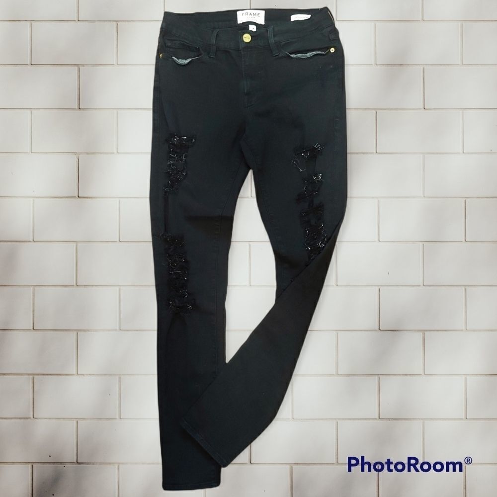 Frame denim size 28 black skinny distressed jeans